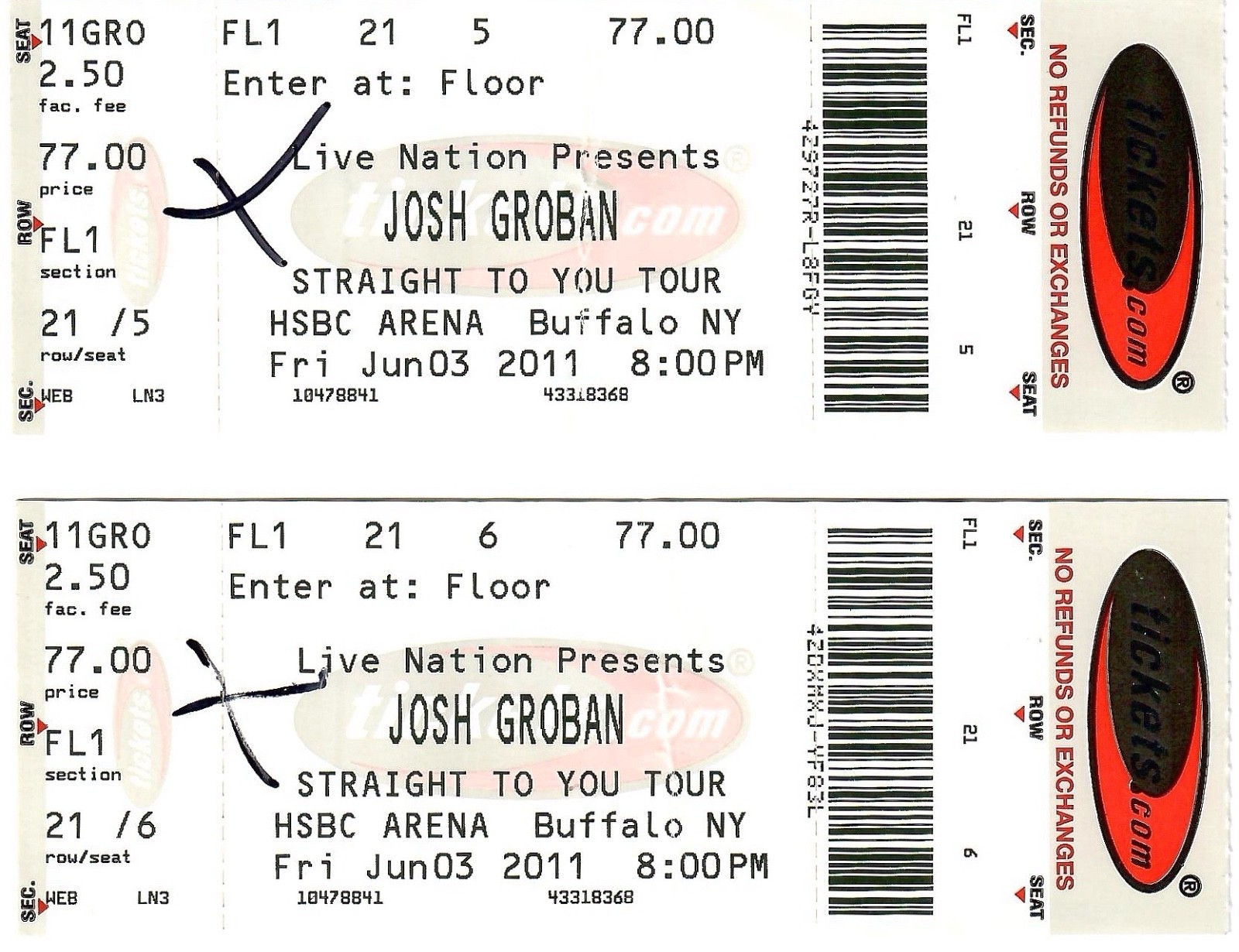 JOSH GROBAN LOT OF 2 USED TICKETS FROM 2011 BUFFALO,NY CONCERT