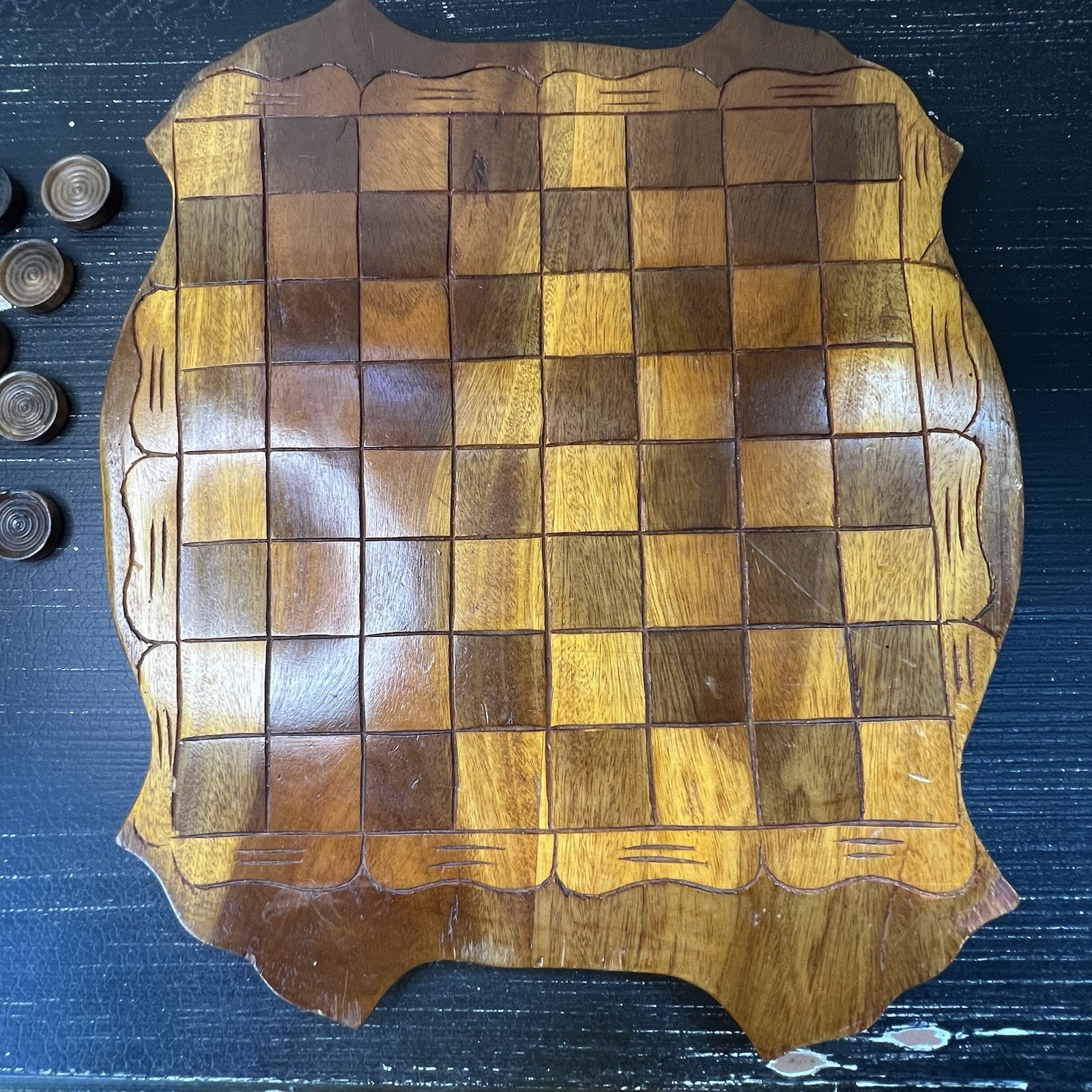 Vintage Primitive Carved Wood Sunflower Harlequin FOLKART Chess Checker Board