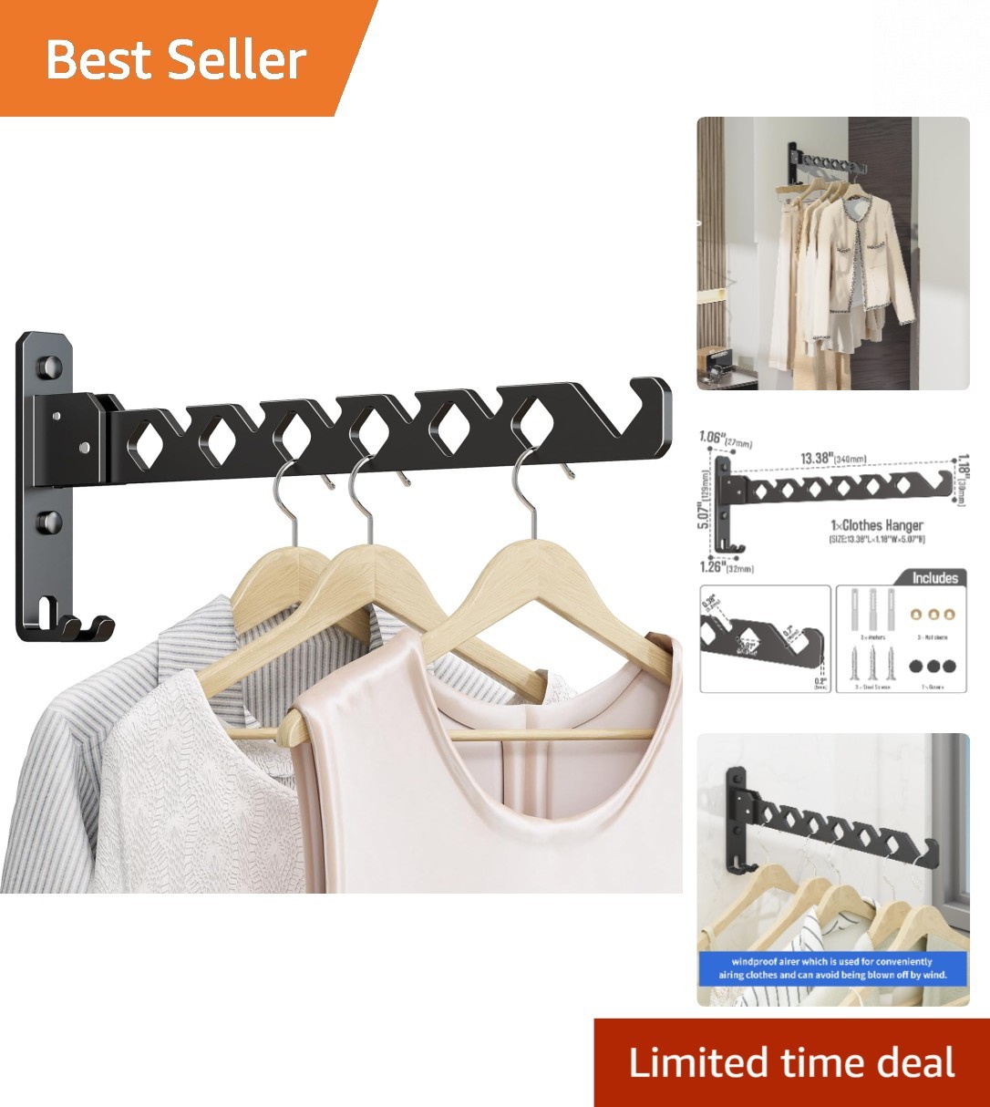 Durable Aluminum Wall Clothes Rack - Stylish, Foldable, Space-Efficient
