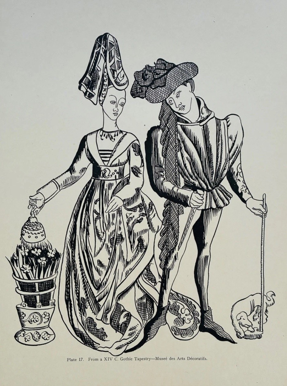 Antique Print 15th Century Gothic Renaissance Outfits Dog Artwork Home Decor