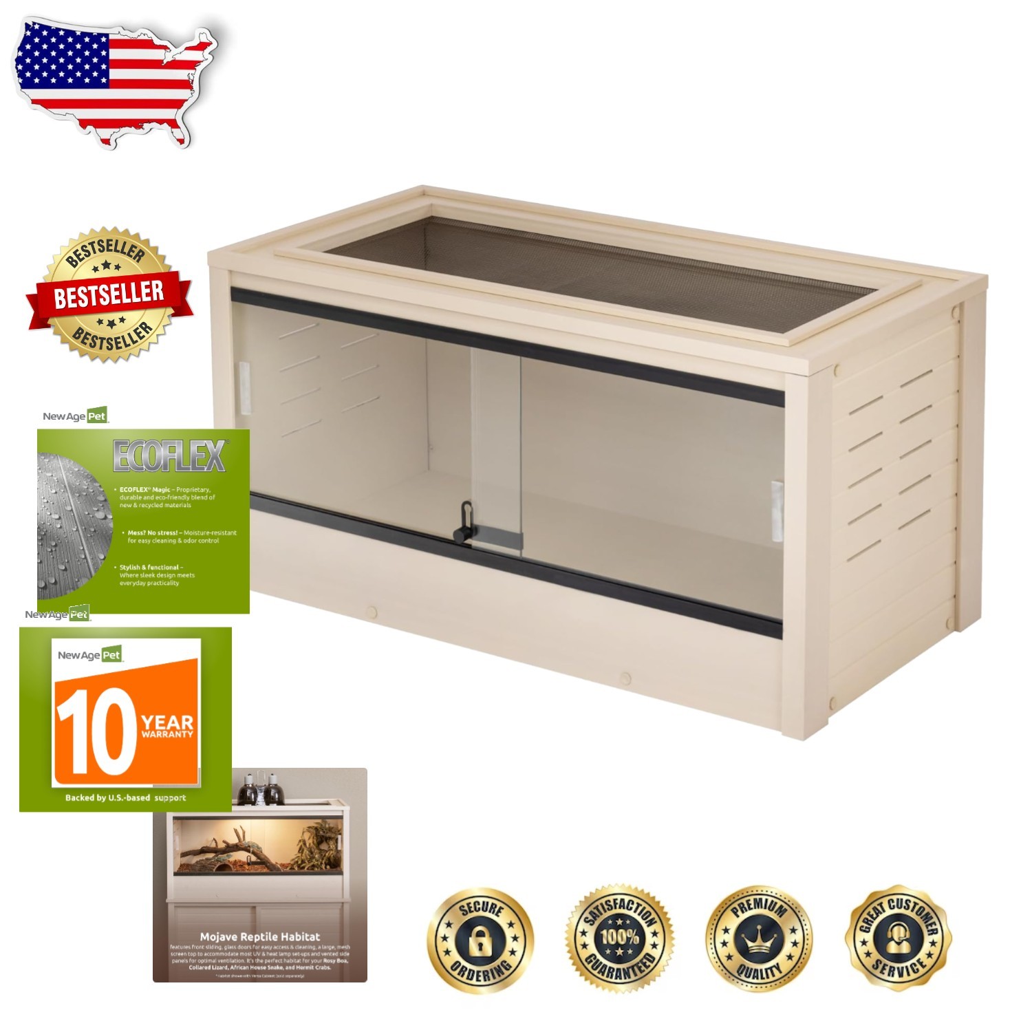 Durable ECOFLEX 36" Reptile Lounge, Moisture Resistant, Mesh Top, 39 Gallon Tank