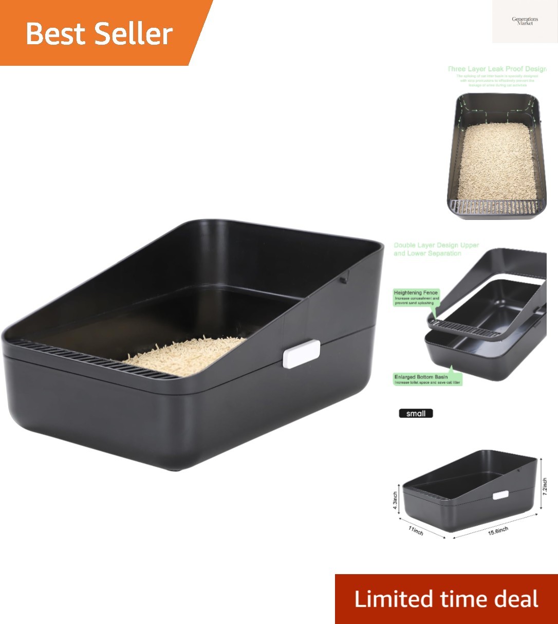 Open Litter Box, High Side Sifting, Secure and Odor Control, Removable, Easy ...