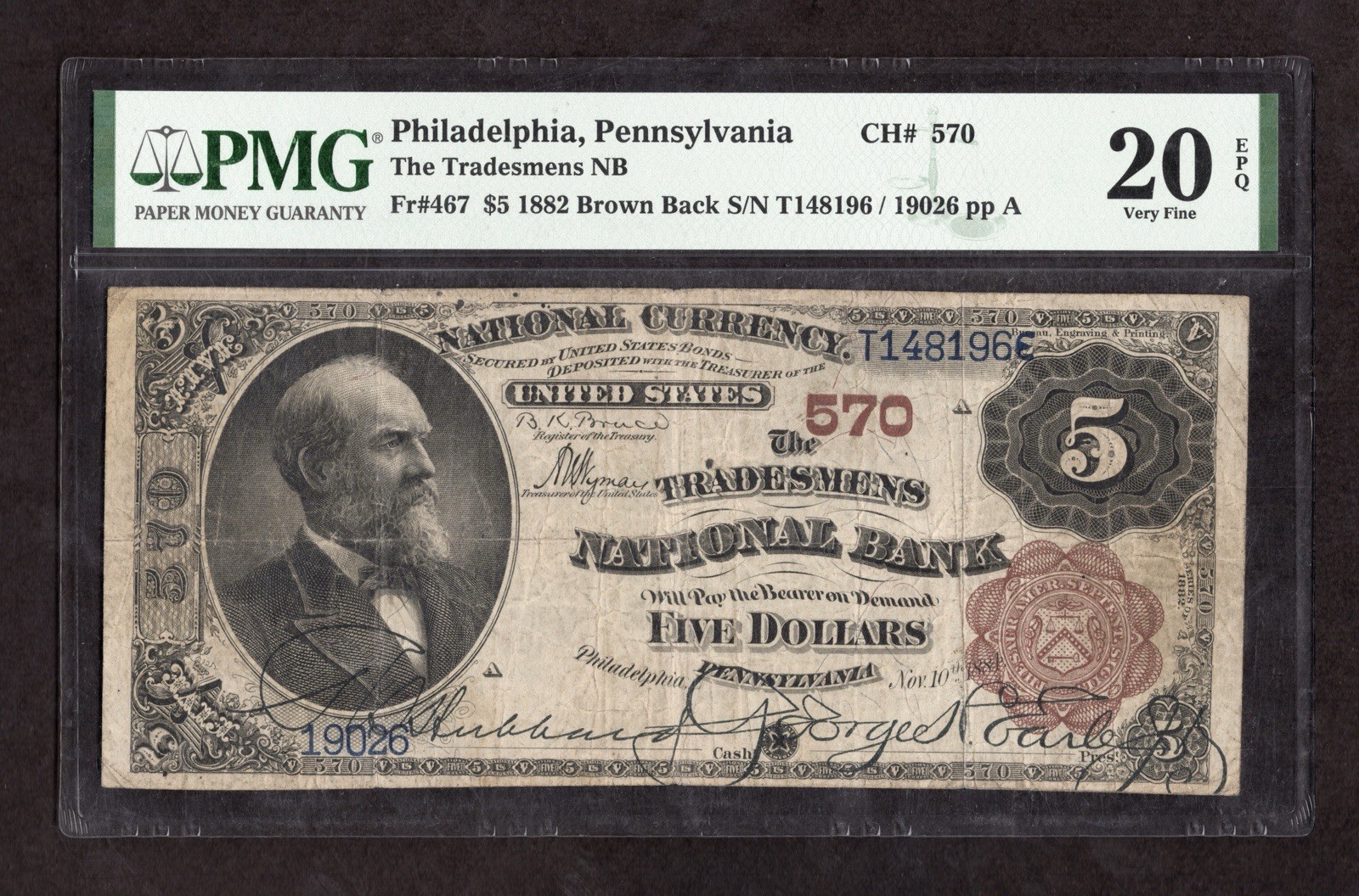 1882 $5 The Tradesmens National Bank Philadelphia, Pennsylvania - PMG 20 EPQ