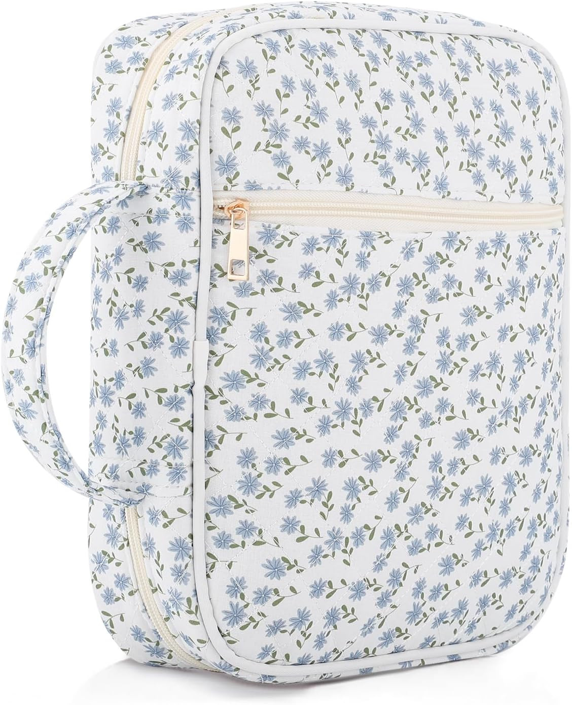 Quilted Bible Cover for Women with Handle and Zippered Pocket, Blue Floral