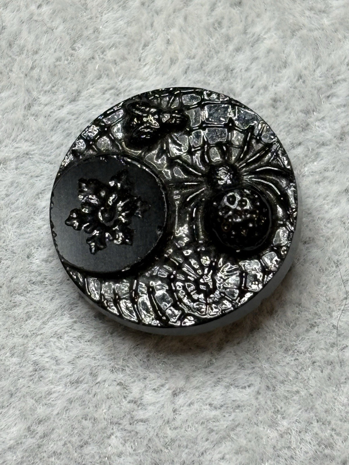Victorian Black Glass Button w Spider & Fly in Web Iridescent Carnival Luster