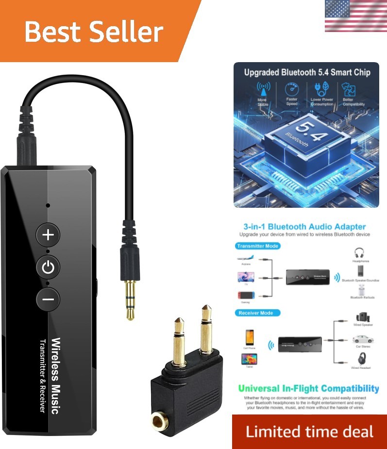 Wireless Bluetooth 5.4 Audio Transmitter for Airplane & Car - Hands-Free Calls