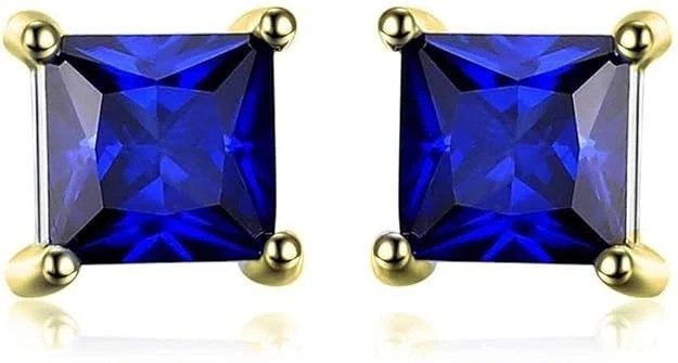 Sapphire Blue 18K Yellow Gold Over Square Princess Cut Stud Earrings For Men's