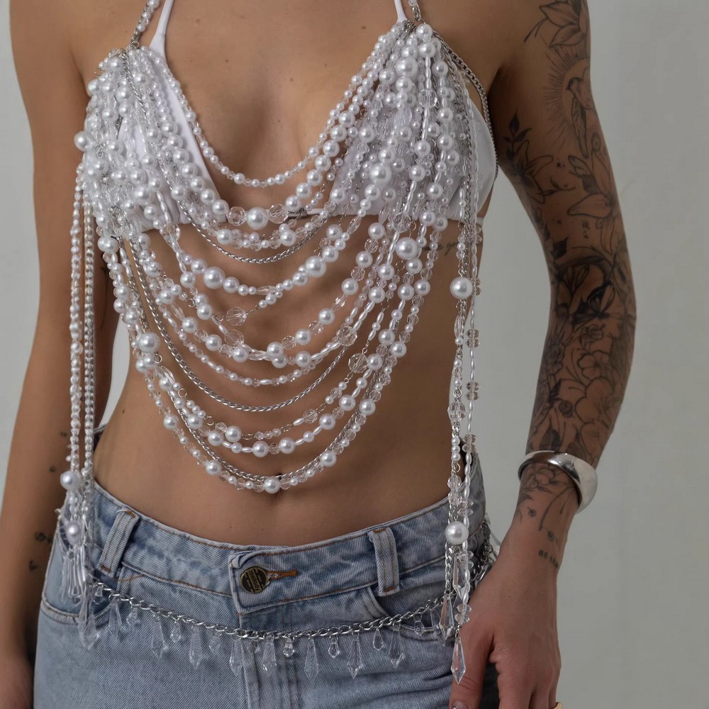 Women Pearl vest Multi-layer Tassel Chest Fashion Metal Club Body Chain 91841