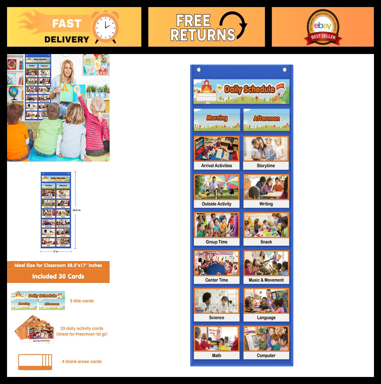 Daily Schedule Pocket Chart for Kids - Visual Organizer with 23 Activity Cards,