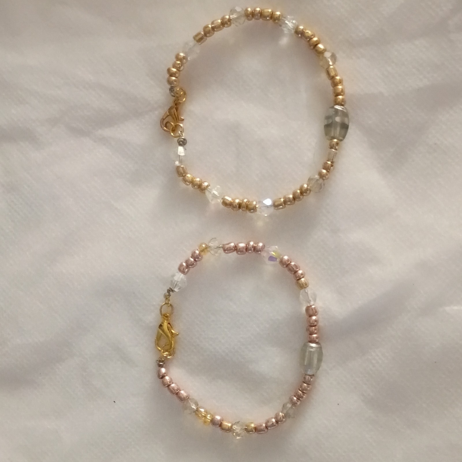 Handcrafted Beaded Bracelet, Gold Pink Clear Glass Round Beads, Lobster Clasp