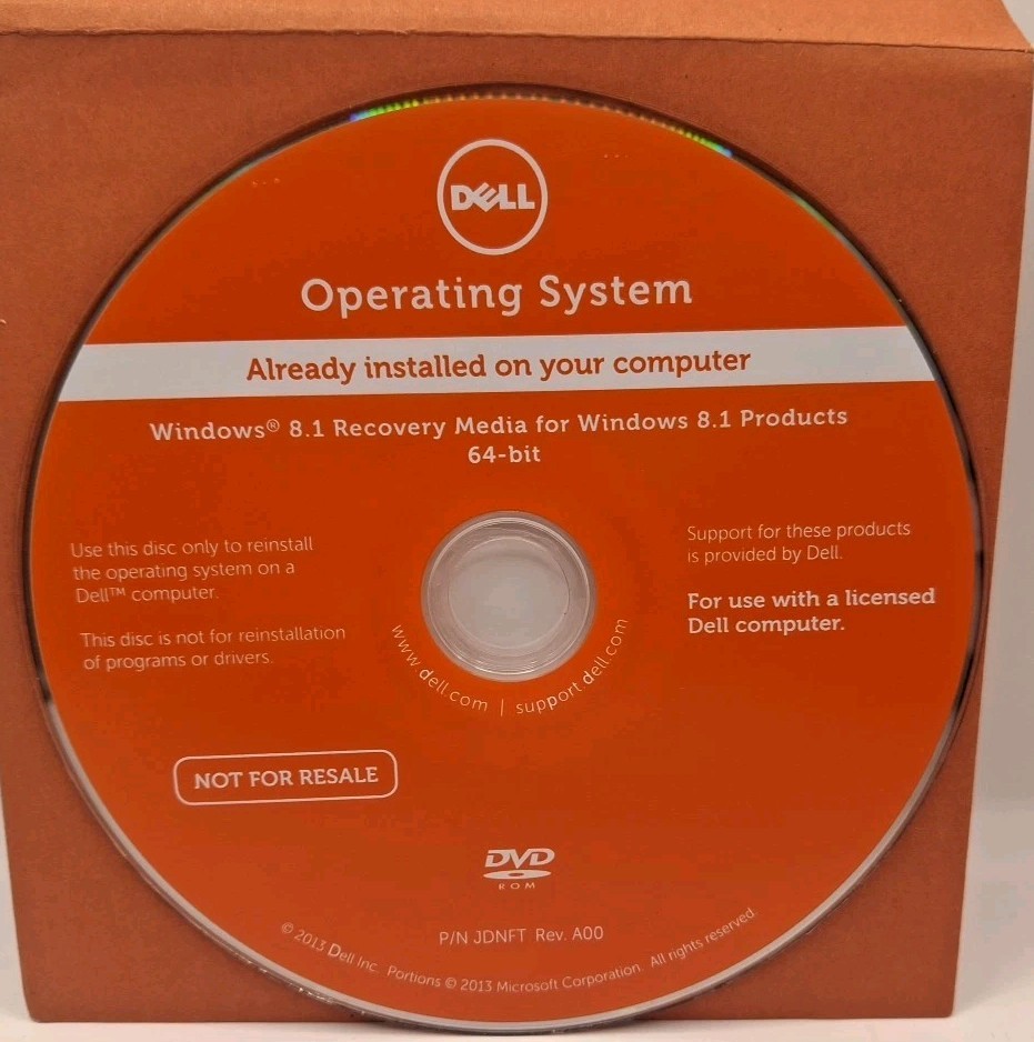 Dell Operating System Windows 8.1 Recovery Media 64 Bit DVD Genuine JDNFT