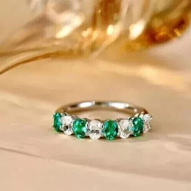 14K White Gold Plated 2Ct Lab-Created Emerald & Diamond Engagement Ring Band