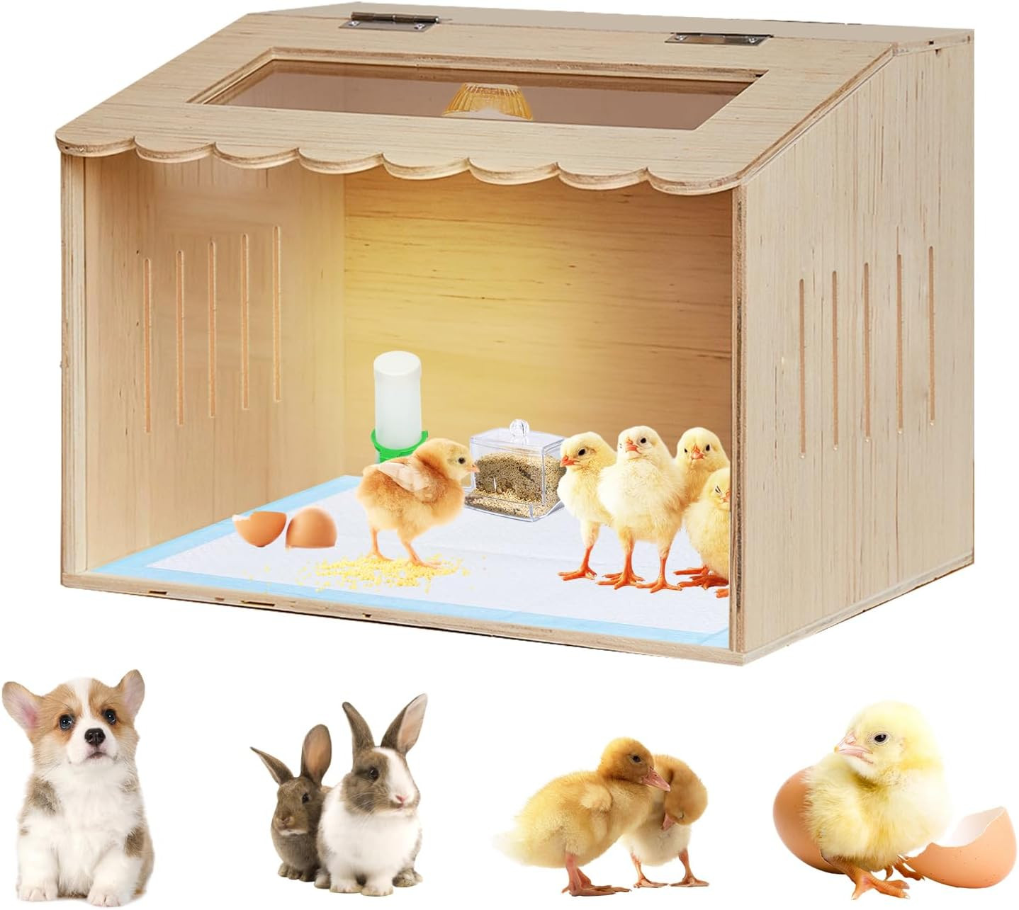 Wooden Chicken Brooder Box Kit with Heating Lamp, Thermometer, Food & Water Feed