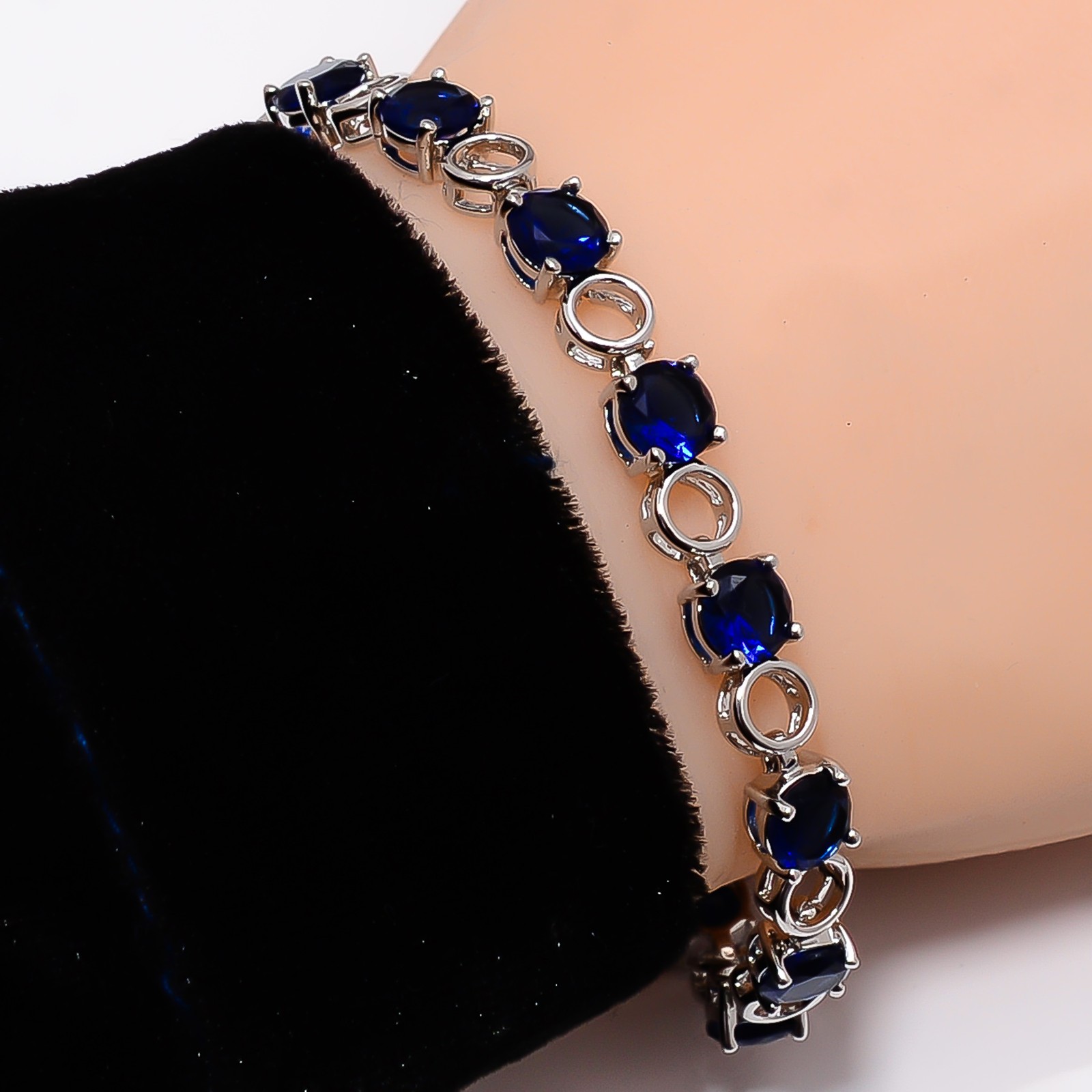 Blue Sapphire - Simulated 925 Sterling Silver Adjustable Bracelet 7-8" B127412