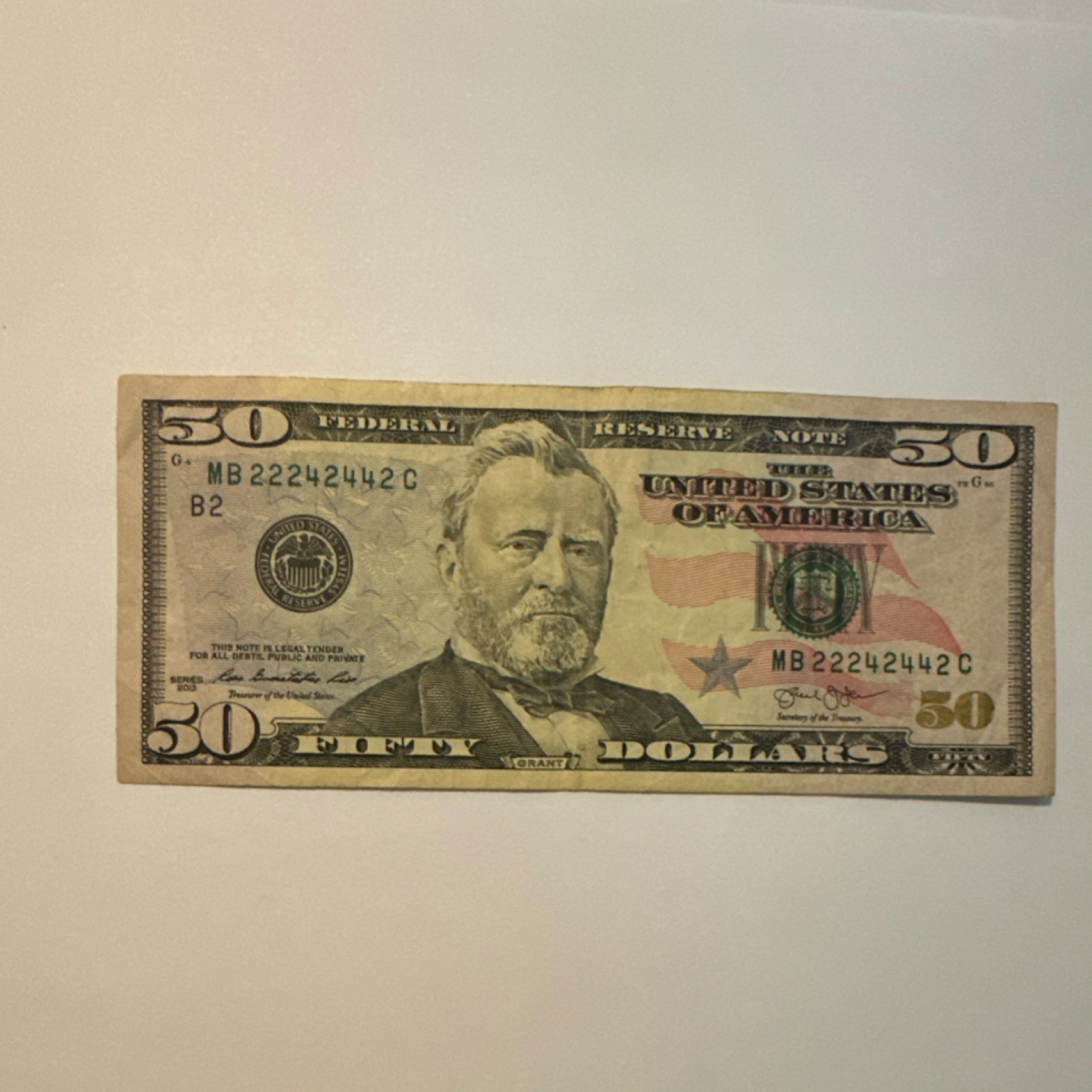 2013 $50 Federal Reserve Note Circulated MB22242442C Small Size