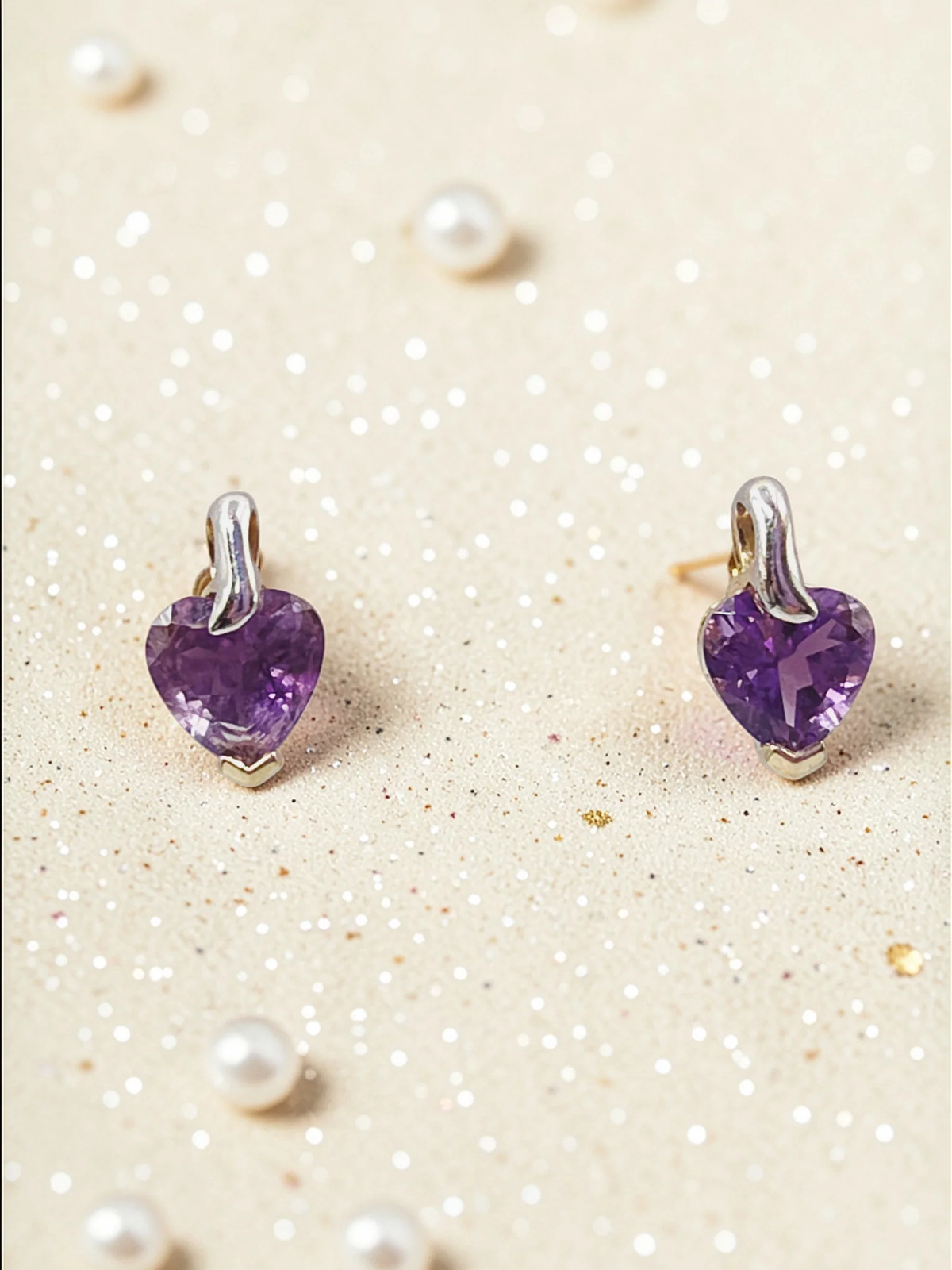 Solid 10 Two-Tone Gold Stud Earrings with Heart-Cut Amethyst