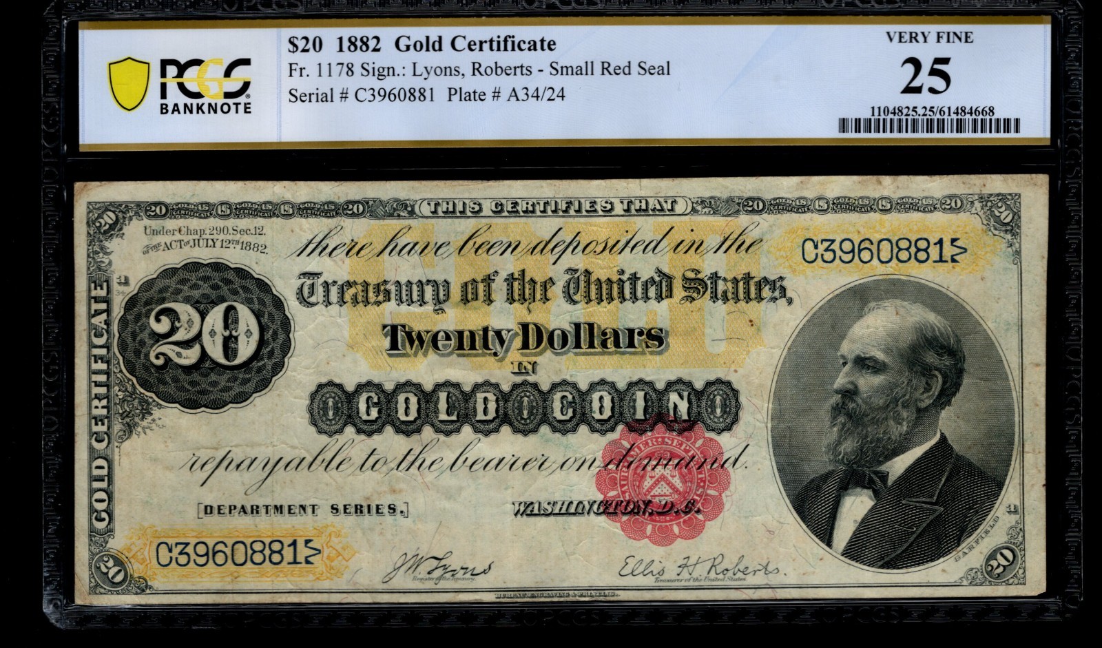 Twenty Dollar Gold Certificate PCGS 25 FR 1178 1882 $20 Gold Coin Note