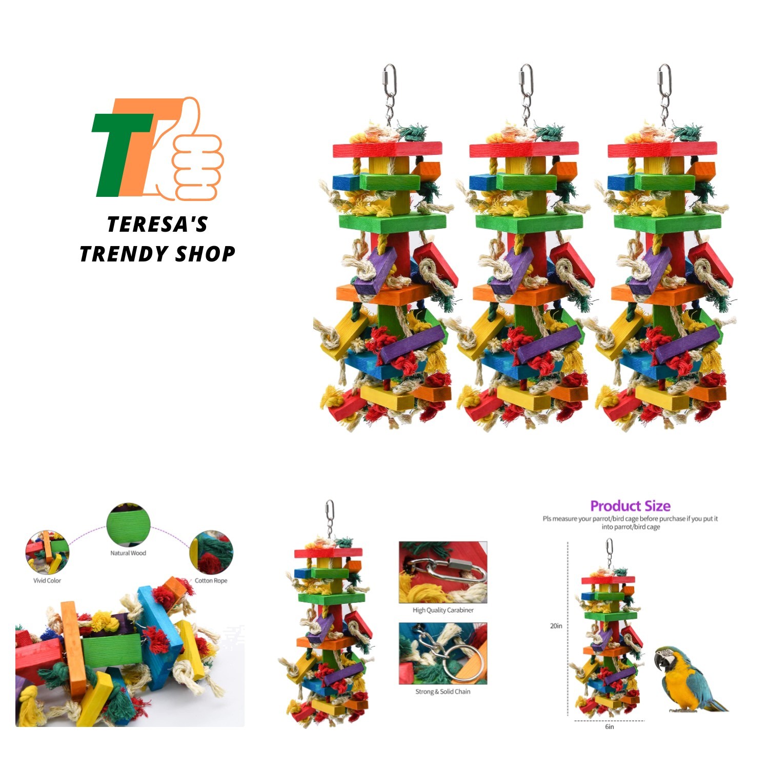 3 Pack Large Parrot Toy, 20in Bird Parrot Toy, Multicolor Natural Wooden Bird...