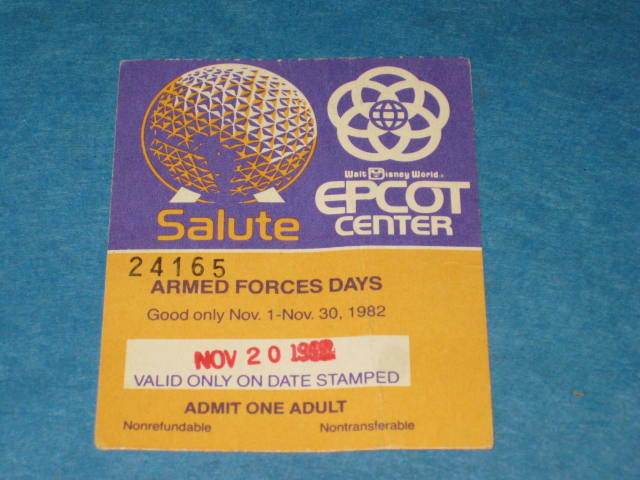 Vtg ARMED FORCES DAYS NOV 1982  WALT DISNEY WORLD EPCOT CENTER TICKET STUB 24165