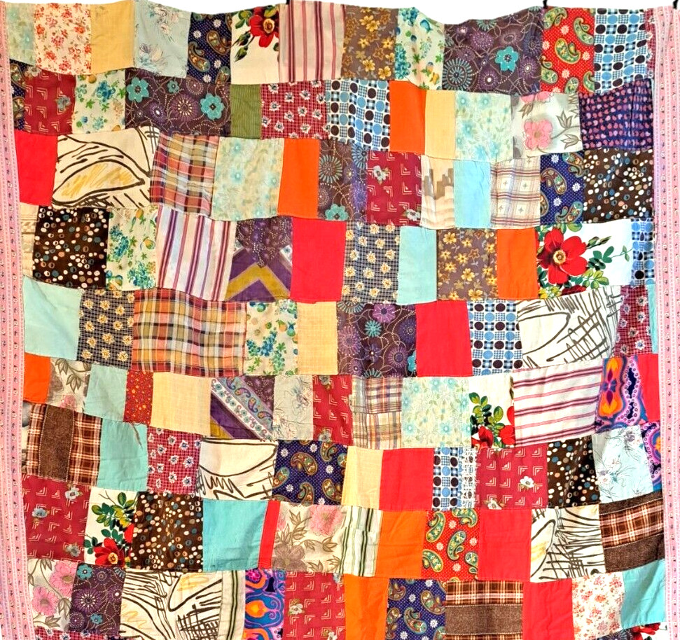 1970's Vintage Patchwork Quilt Handmade Cheerful Fun Fabrics - Twin