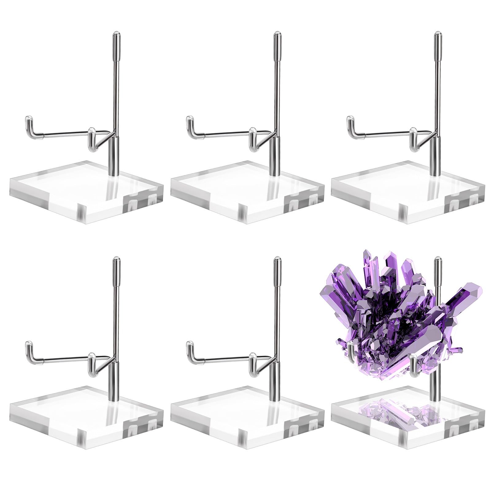 6 Pcs Rock Display Stand with Acrylic Base, Adjustable Metal Arm Crystal Disp...