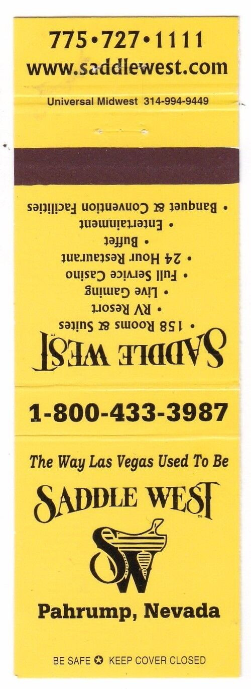Saddle West Hotel Casino Matchbook Cover Pahrump Nevada #1 icmsc5