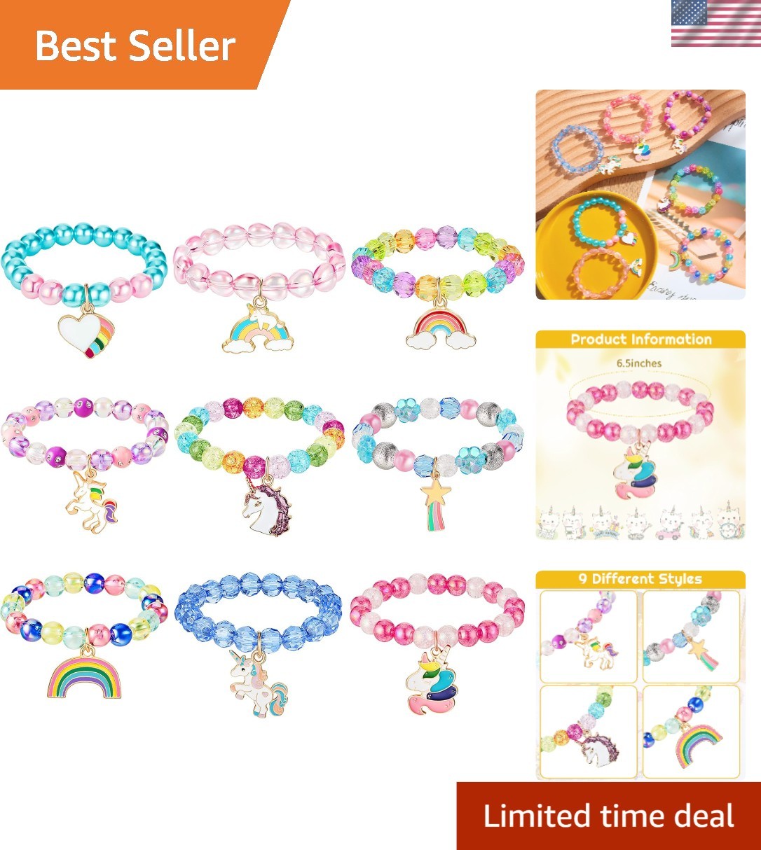 9 Pcs Stretchable Unicorn Bracelets in Rainbow Colors - Ideal for Kids' Gifts