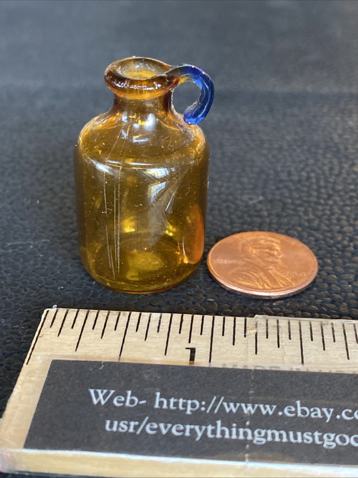 Vtg Mini Blown Glass Jug Cologne Perfume Bottle Amber Orange Applied Blue Handle