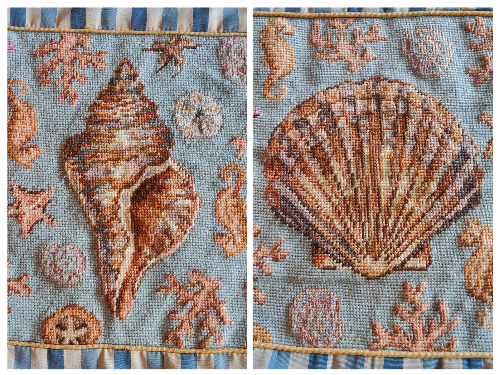 2 Wool Needlepoint Pillow Covers Tassel Trim Seashell Collection Coastal Luxury