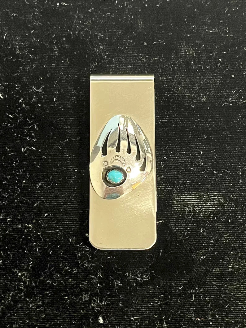 Handmade Native American Turquoise Bear Paw 10K Yellow Gold Over Money Clip 1PC
