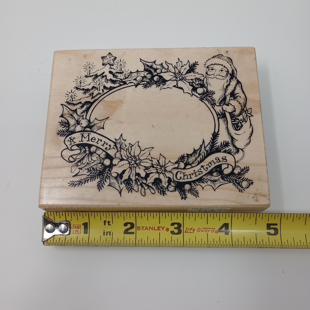 Merry Christmas Santa Holly Circle Frame PSX K-352 Wood Mounted Rubber Stamp