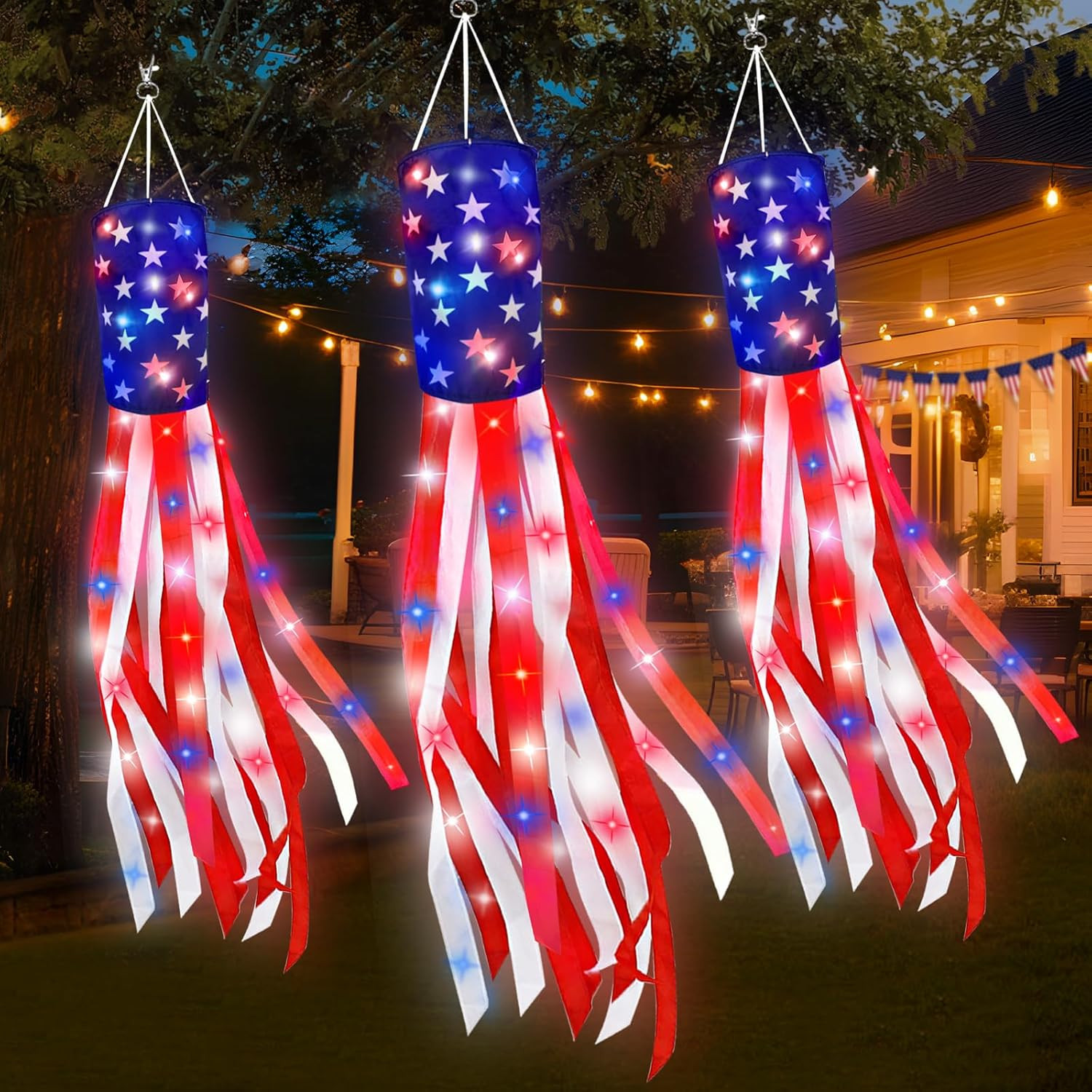 3 Pack 60 Inch Large American Flag Windsocks with Red White Blue Lights, 250Th A
