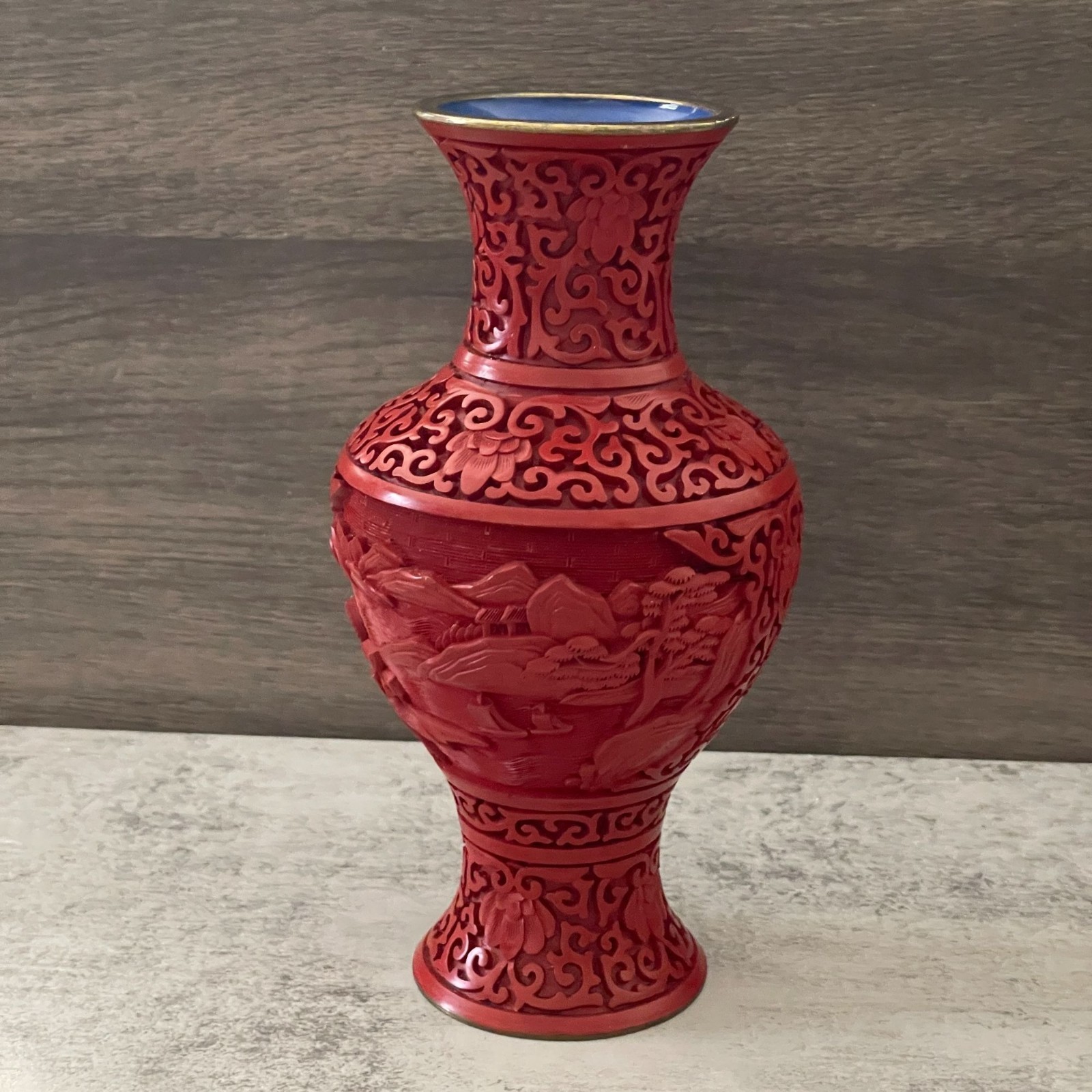 Vintage Red Cinnabar Blue Enamel Brass Hand Carved Lacquer Medium Vase 8.25"