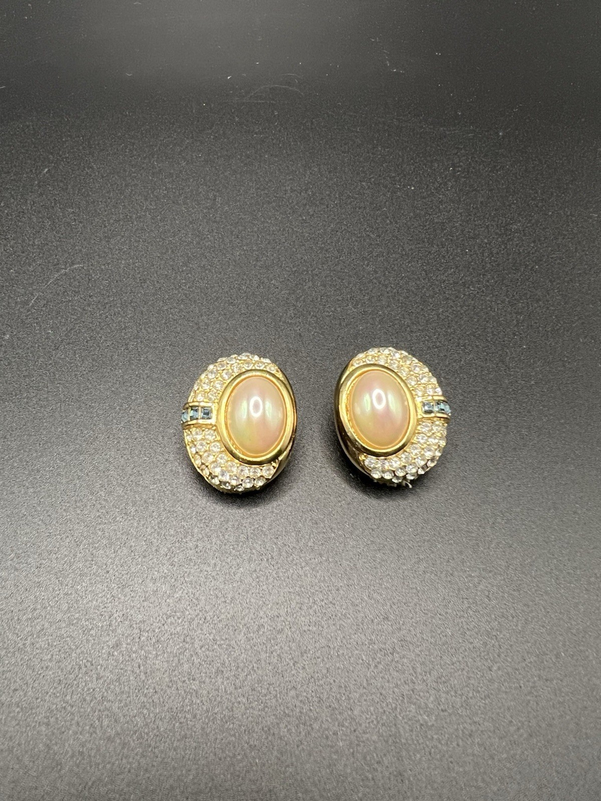 Vintage Christian Dior Clip-On Earrings Faux Pearl Rhinestone Gold Tone Signed