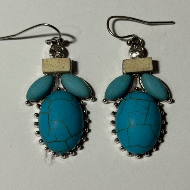 Boho Dangle Earrings Faux Turquoise Silver Tone Fish Hook Southwestern Style