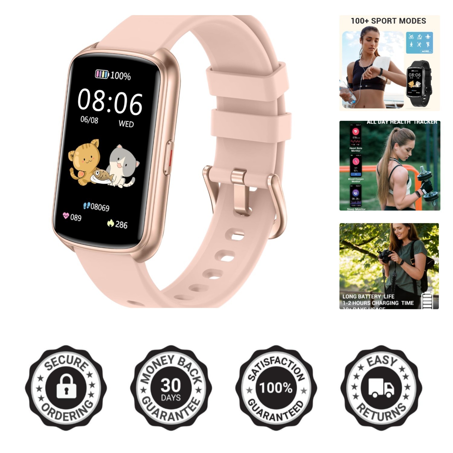 1.47-Inch Pink Smartwatch: Waterproof Fitness Tracker with Heart Rate Monitor