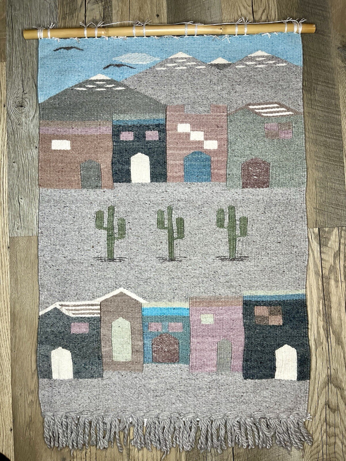 Wool Woven Weaving Southwest Wall Hanging Cactus Desert Village Vintage