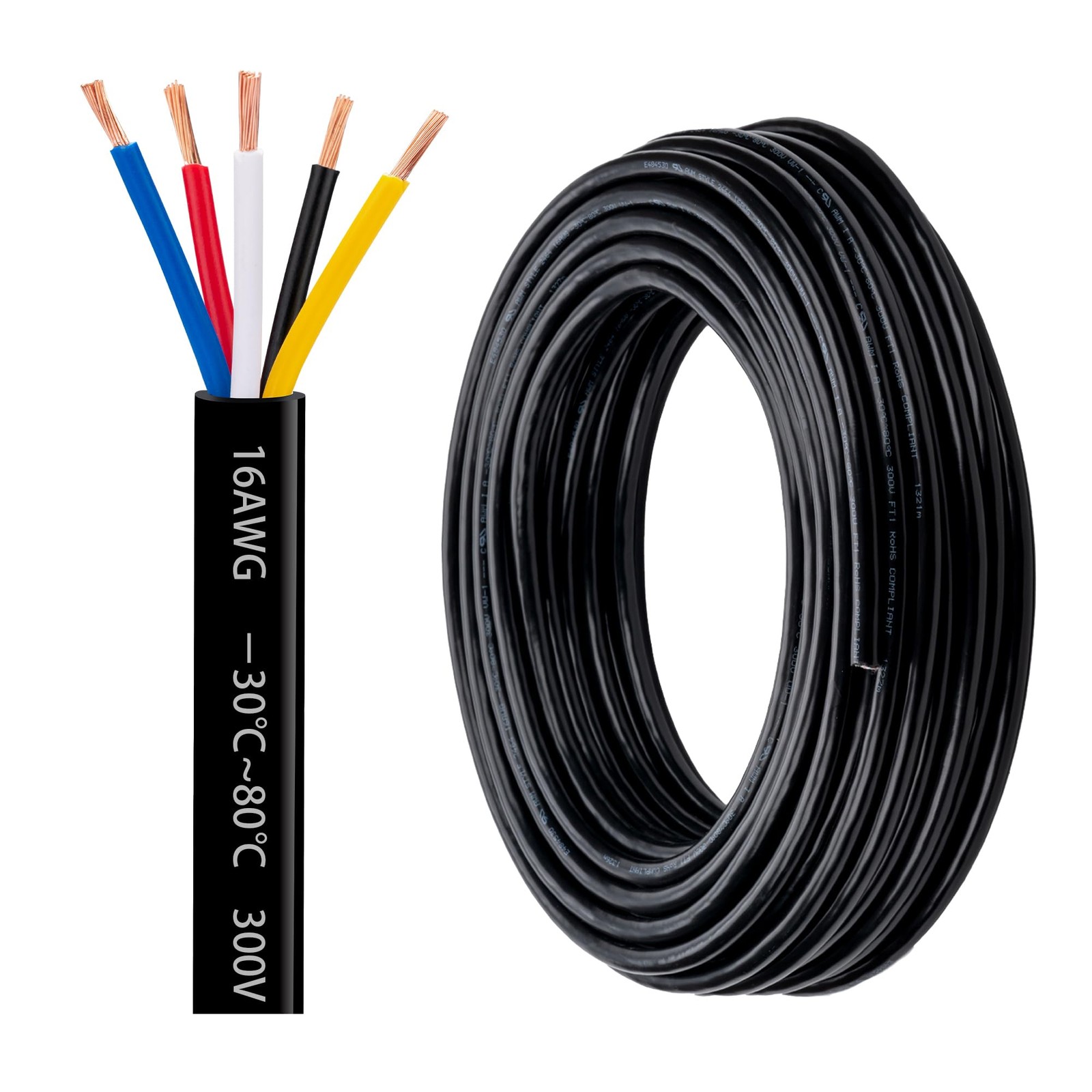 16 Gauge 5 Conductor Electrical Wire 16 AWG Oxygen-Free Copper PVC Strand