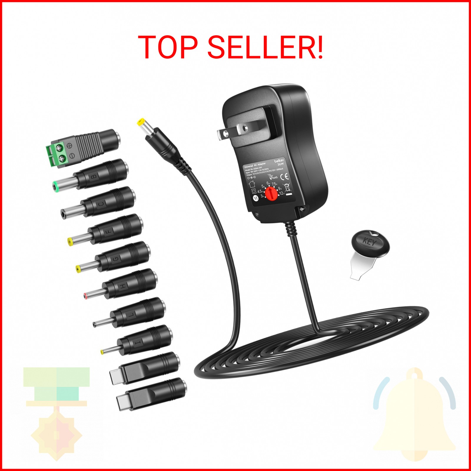 Belker 36W Universal 3V 4.5V 5V 6V 7.5V 9V 12V AC DC Power Adapter Supply for Ho