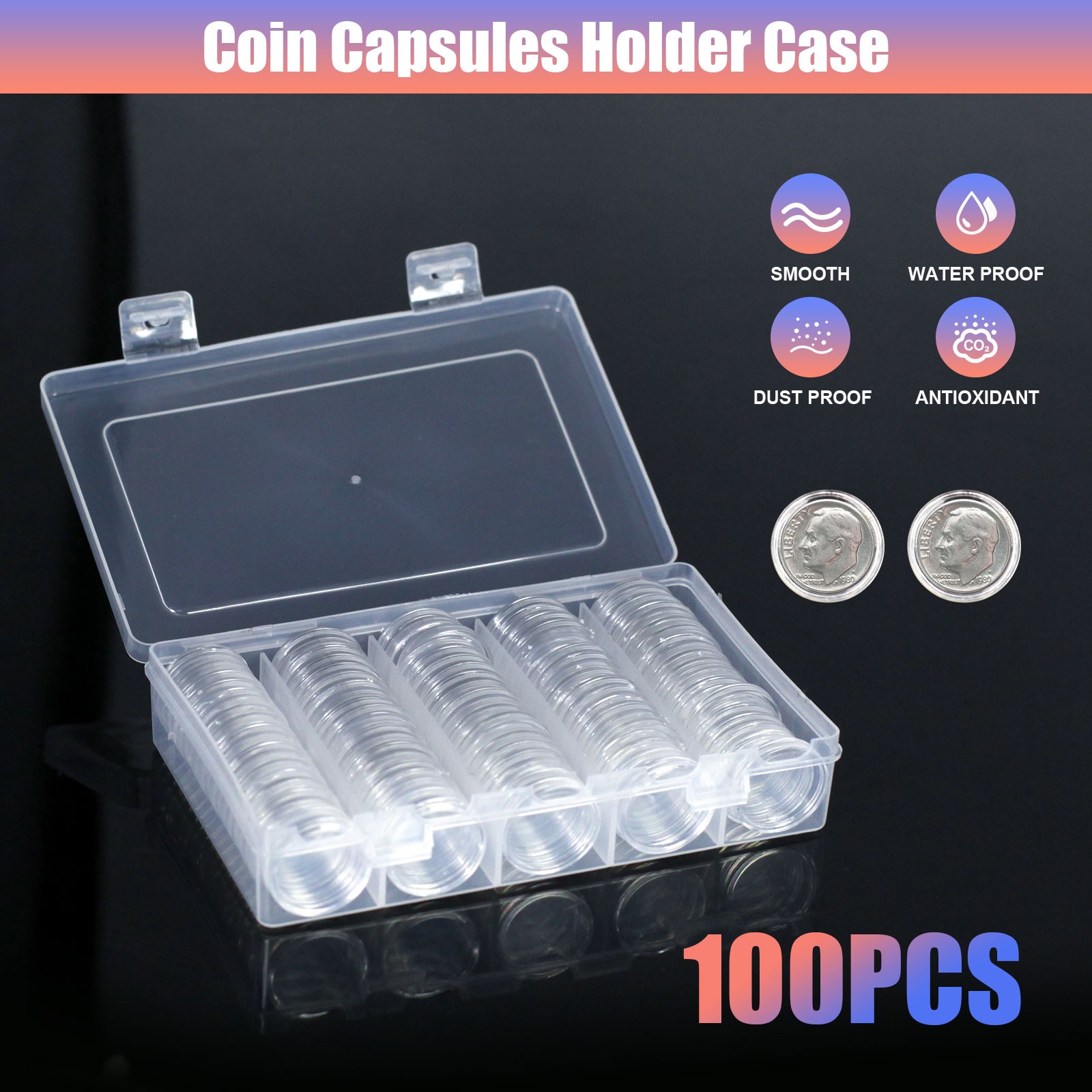 100 Pack 25 mm Coin Capsule Holders w/ Storage Case Direct For US Dime