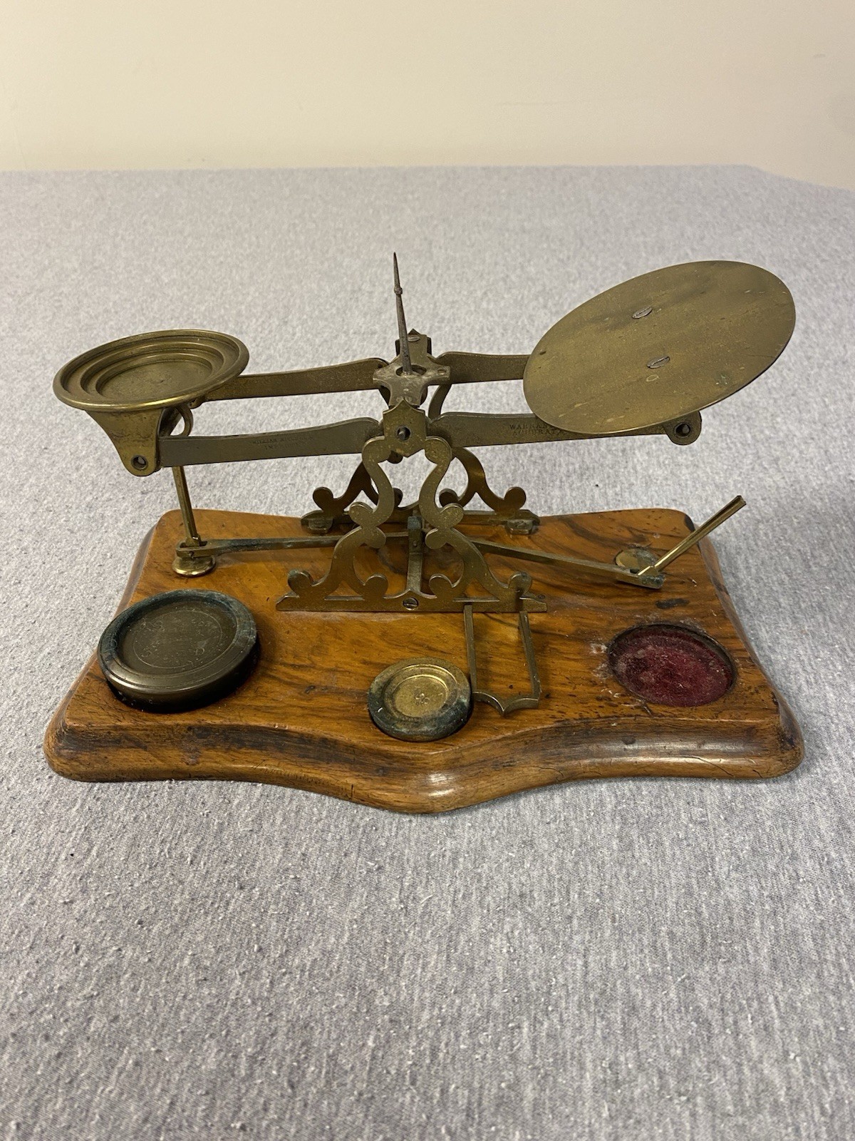 Antique Brass Postal Weight Scale with Wooden Base Non Working **Parts Only**