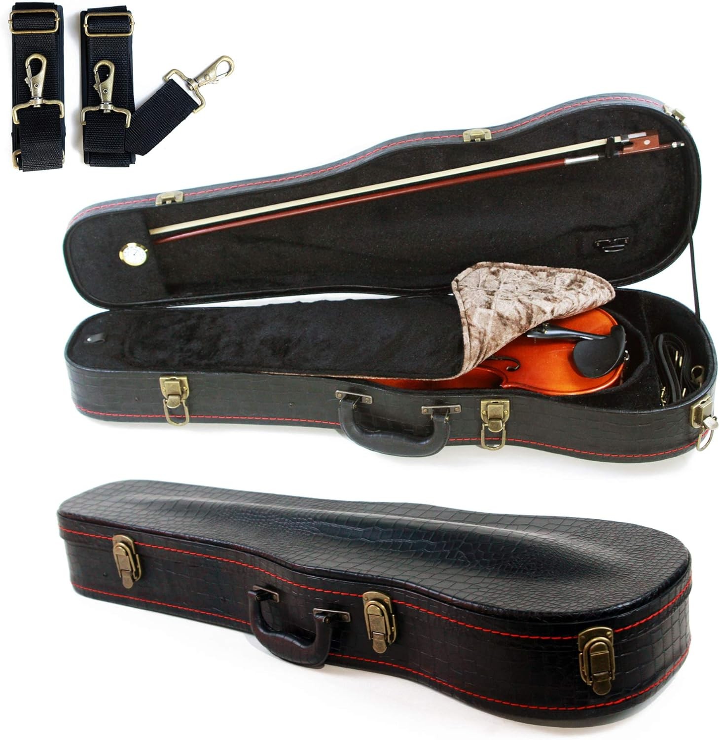 4/4 Full Size Violin Case, Plush Interior Wooden Hard Case With Hygrometer, Croc