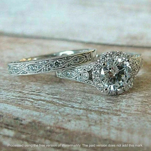 2Ct Round Cut Lab Created Diamond 14K White Gold FN Engagement Band Ring Set