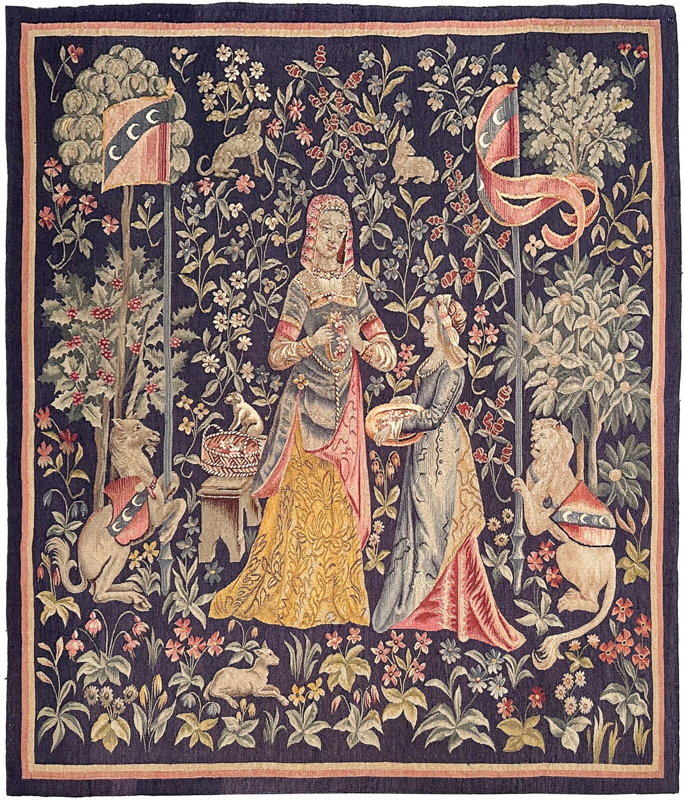 4x5 Antique French Renaissance Tapestry Rare Wool & Silk Decorative Art c.1890