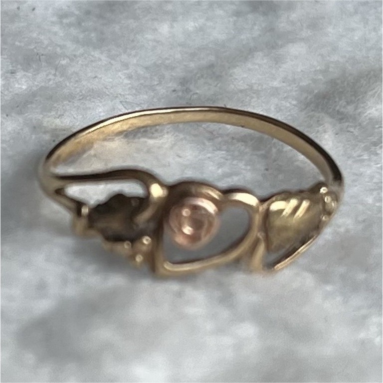 Gold Tone Asymmetrical Band Ring with Heart and Swirl Design Black Hills Gold