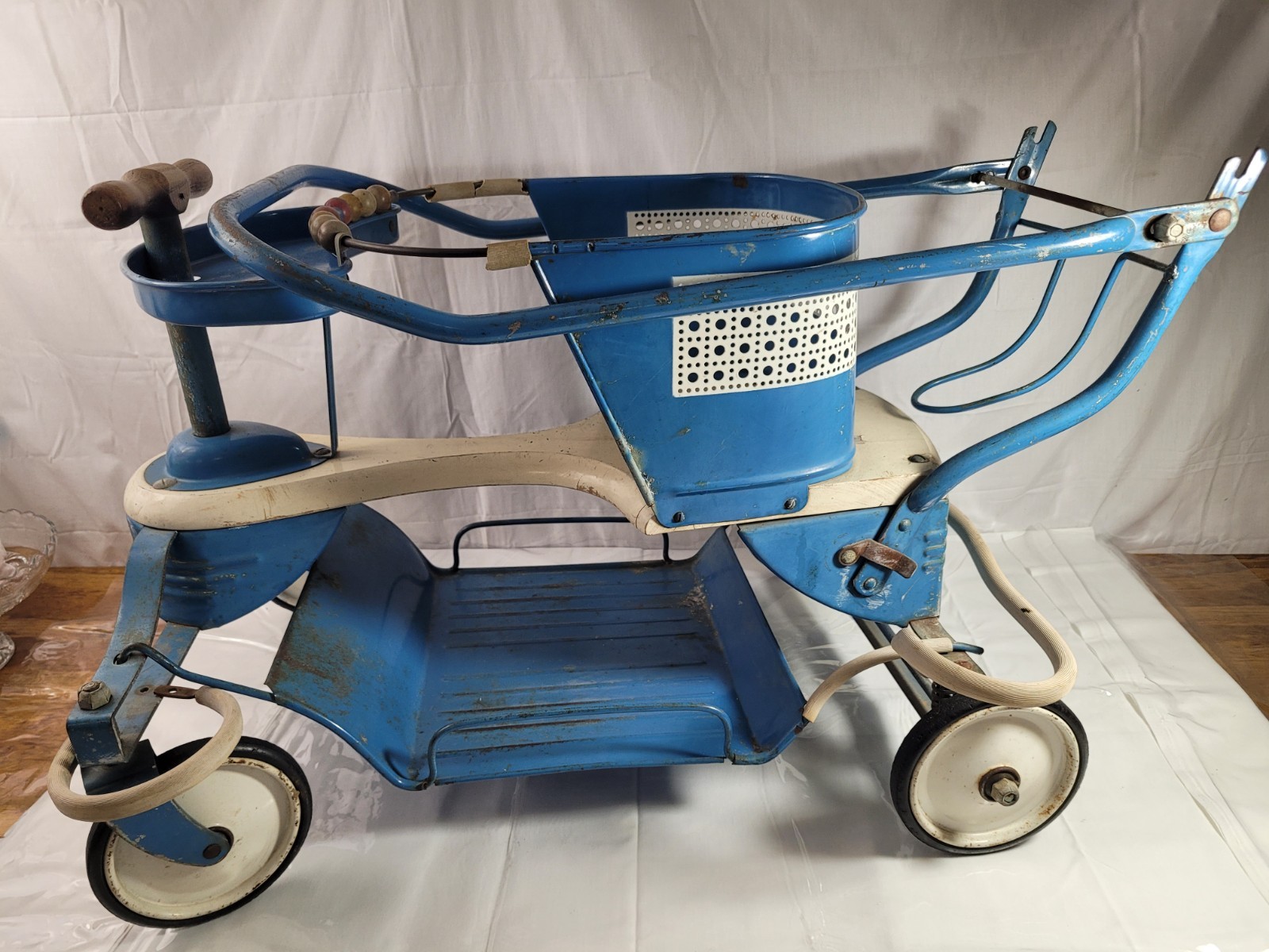 Vintage 50s Genuine Taylor-Tot Baby Walker And Stroller Aqua Blue & White