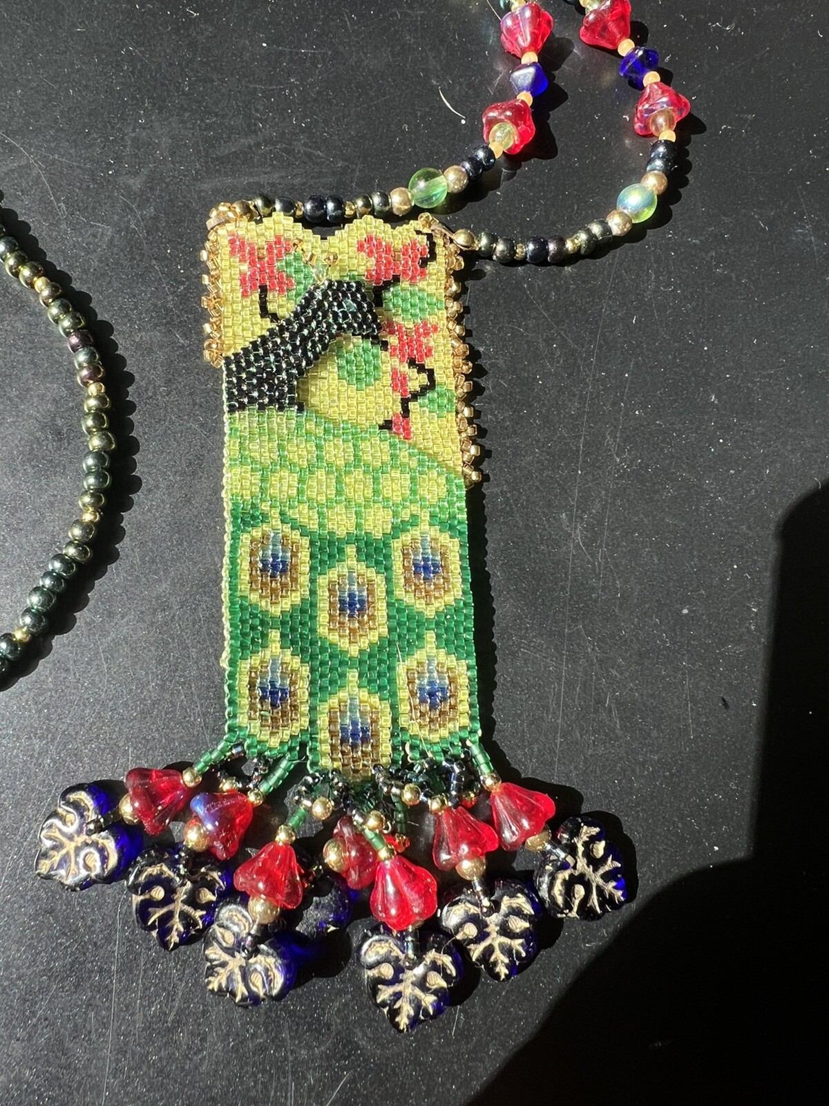 Artisan Beaded Peacock Long Beautiful Necklace Or Bookmark