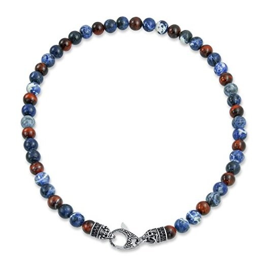  Bali Style Gemstone Blue Sodalite Brown Tiger Eye Ball Bead Strand Necklace 