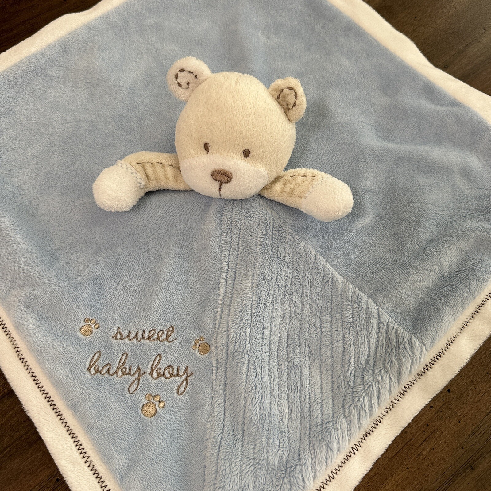 Carters Sweet Baby Boy Blue Cream BEAR LOVEY Rattle Satin Back Security Paw