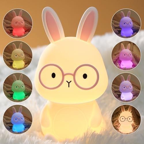 Bunny Night Light for Kids, Soft Silicone Nursery Lamp, 7-Color White Bunny